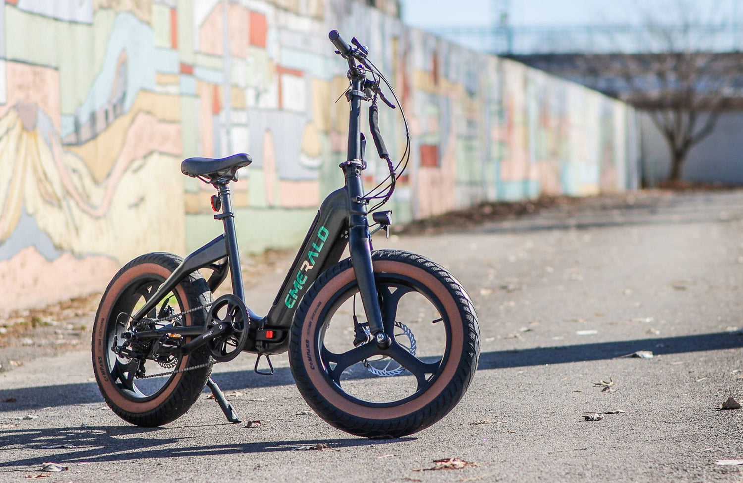 Emerald Bike parked by a barrier outside