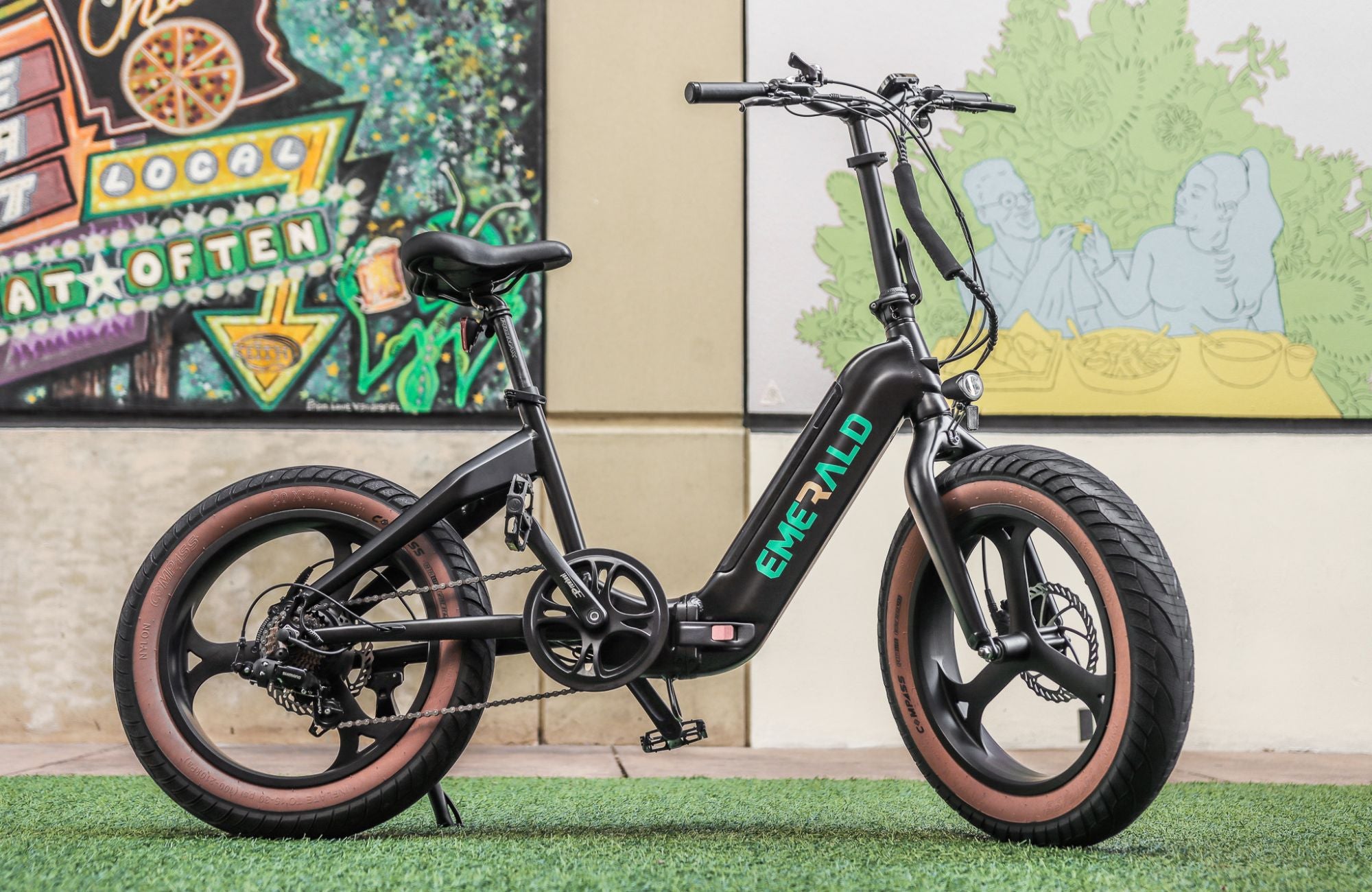 Emerald Bike sitting in front of urban area mural as a new mode of transportation