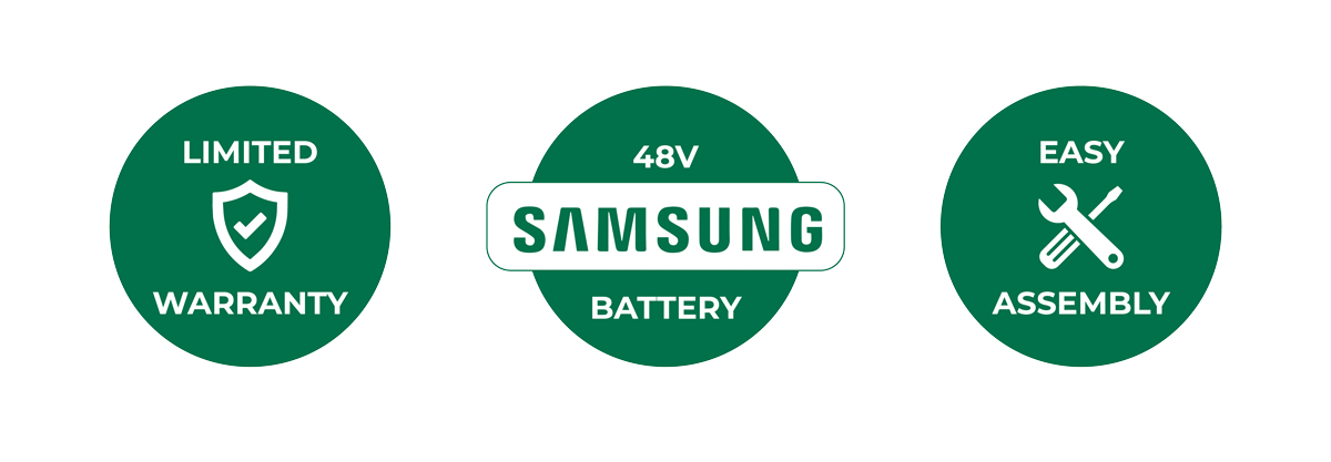 Badges showing the warranty, battery type, and confirmation of easy assembly