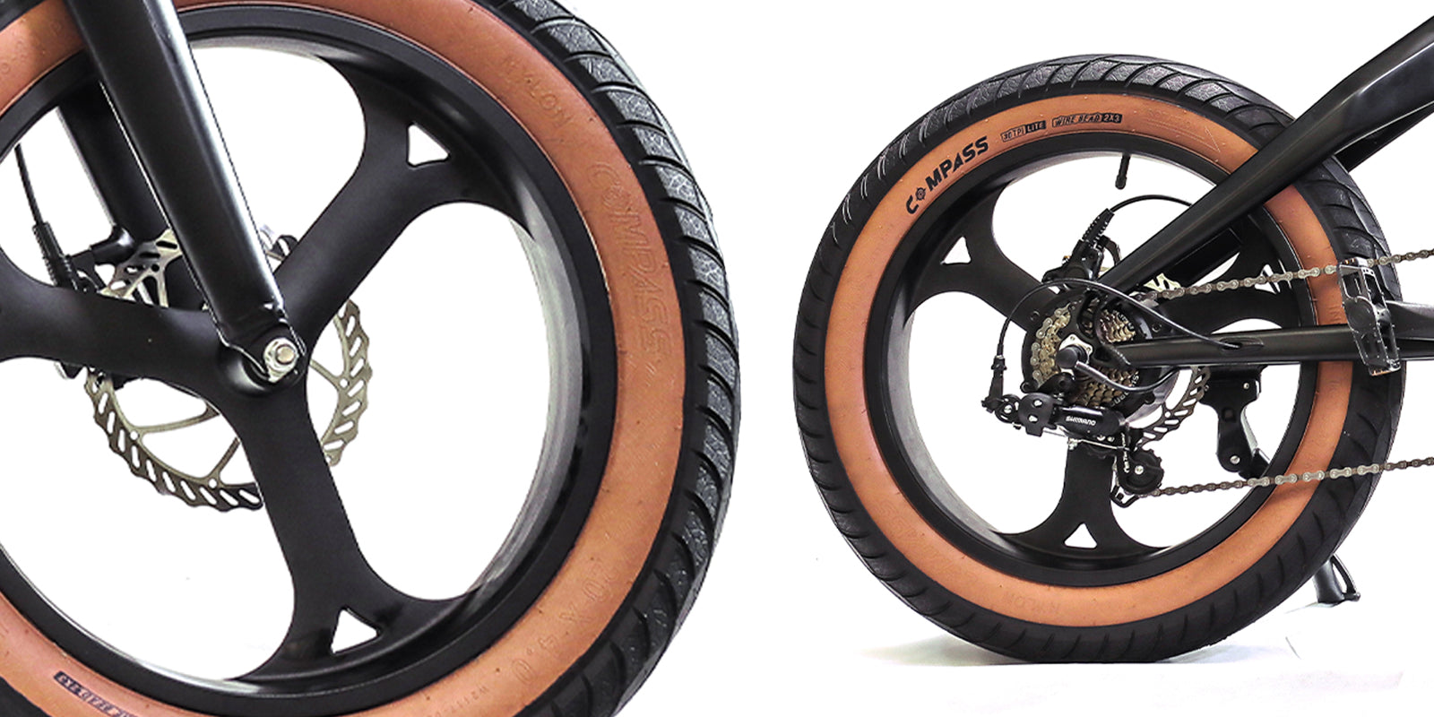 Showing off the Emerald ebike's tires, gears and breaks.