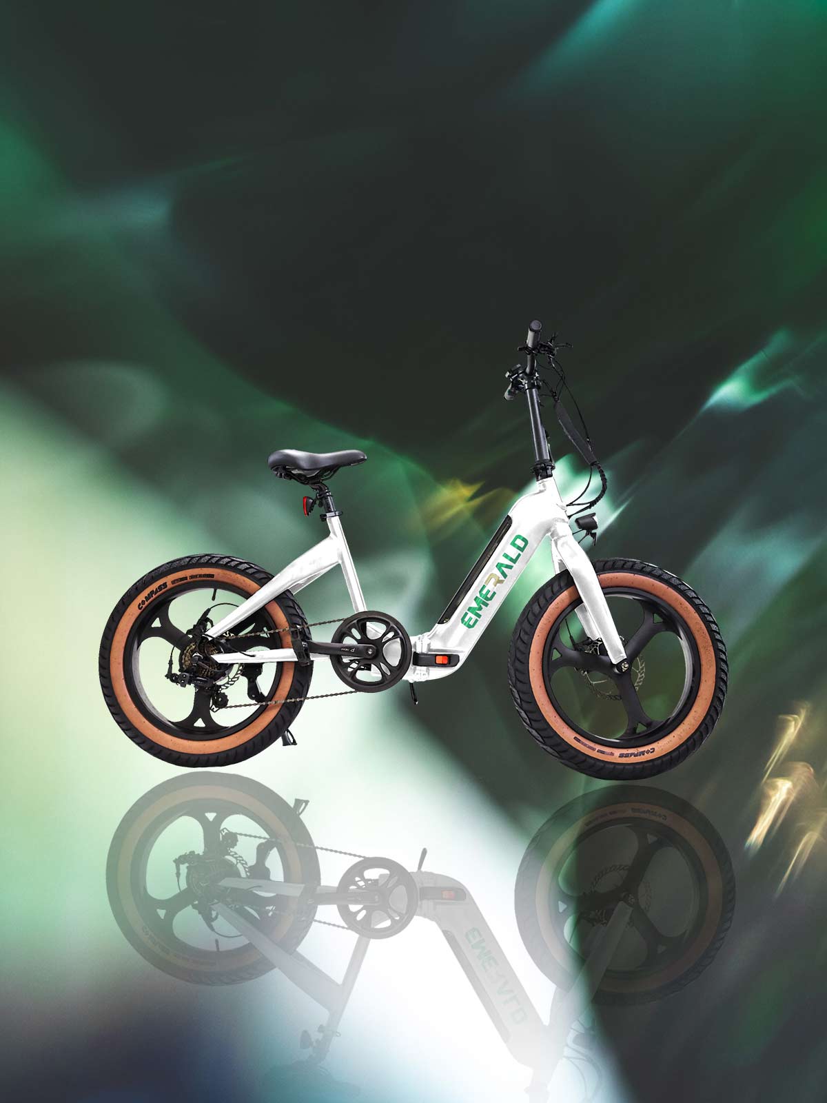reflection image of the white emerald fold ebike