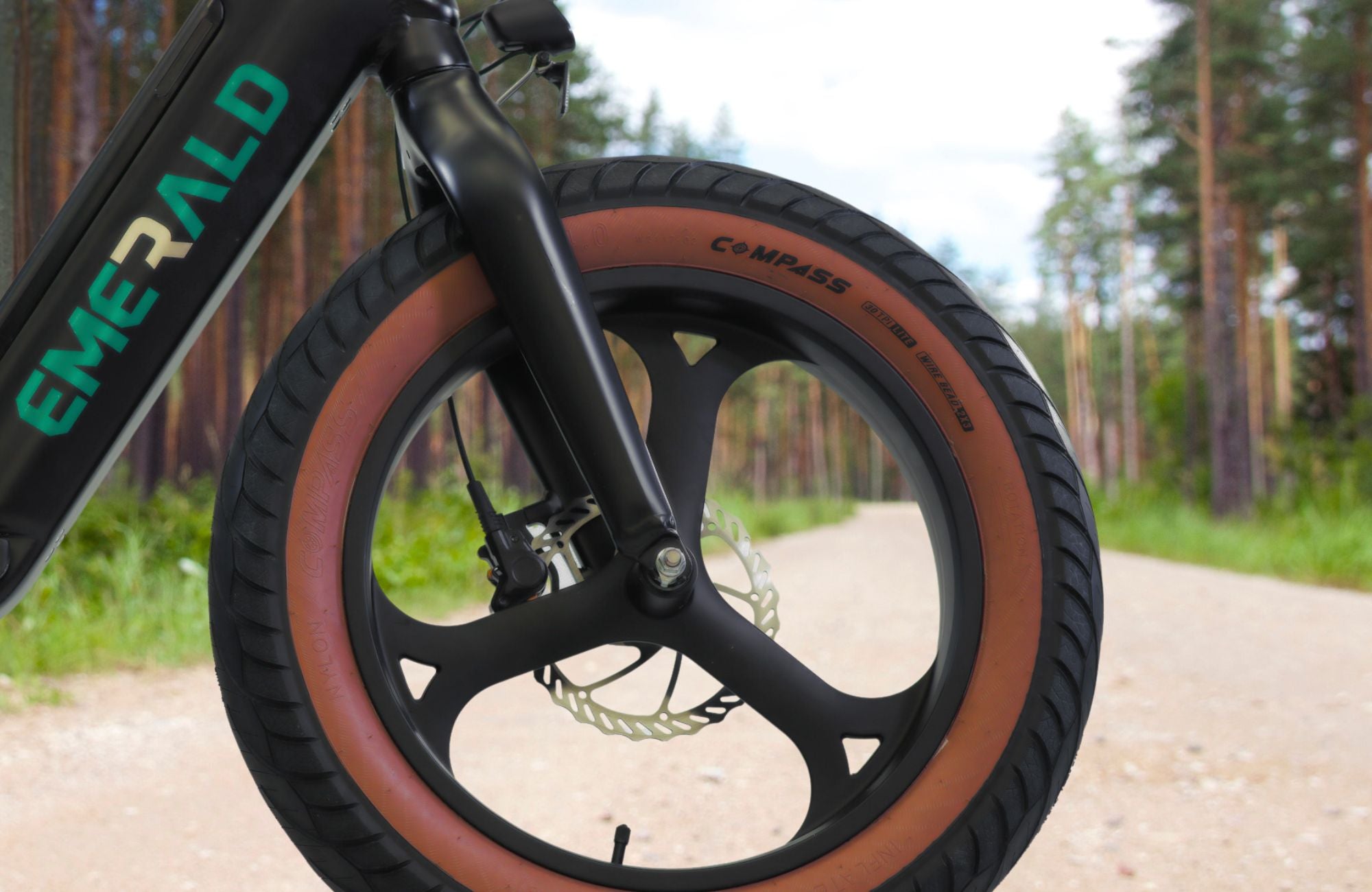 Up close view of Emerald fat tire on a trail