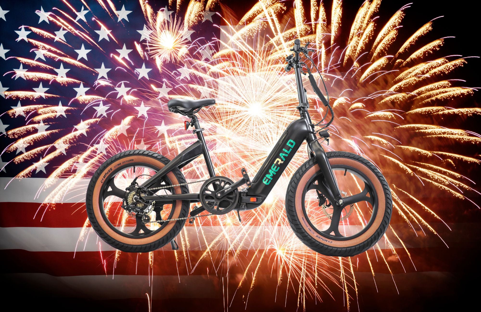 Emerald ebike with a firework/American flag background