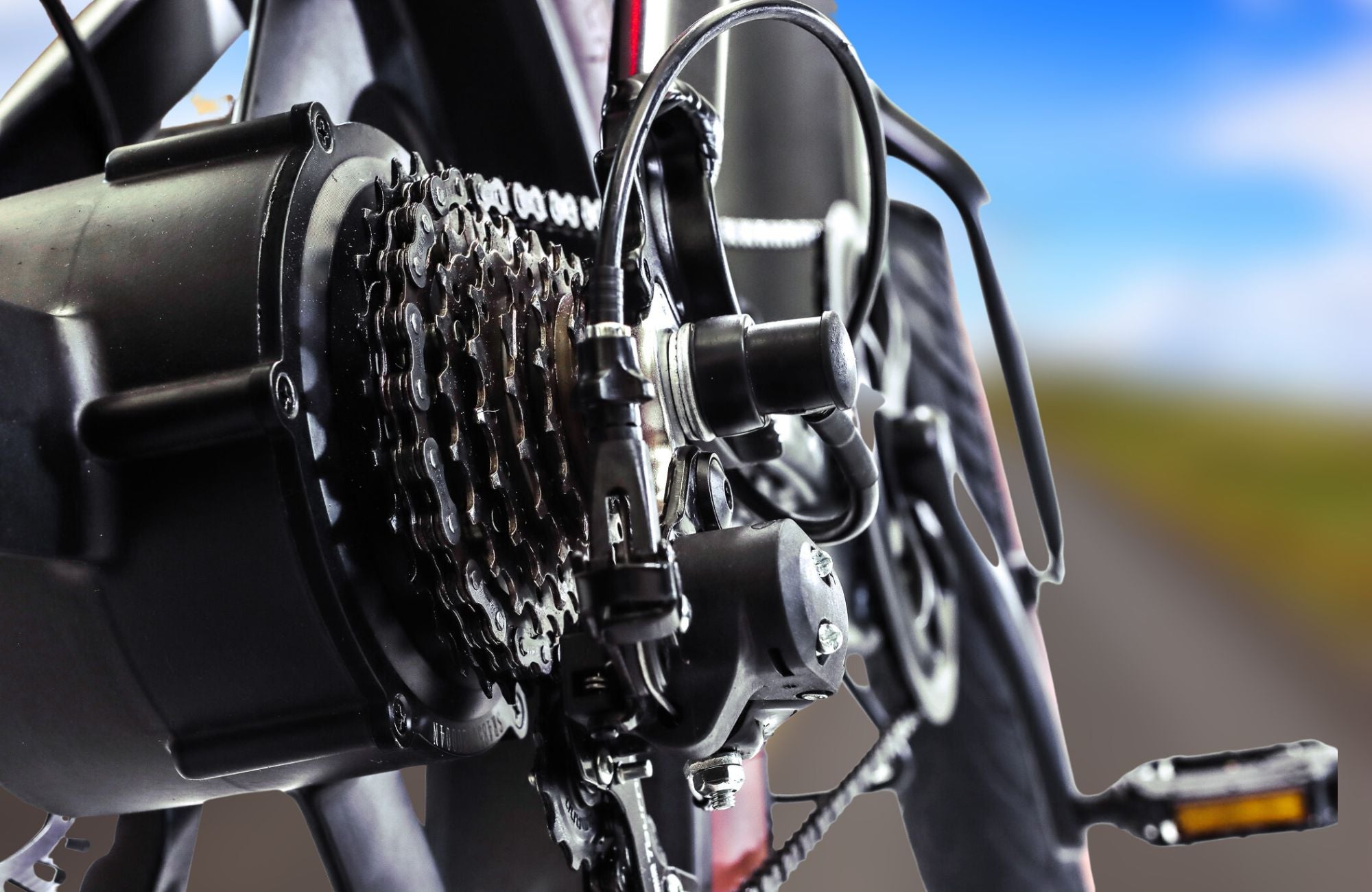 Up close shot of gear system and derailleur on ebike