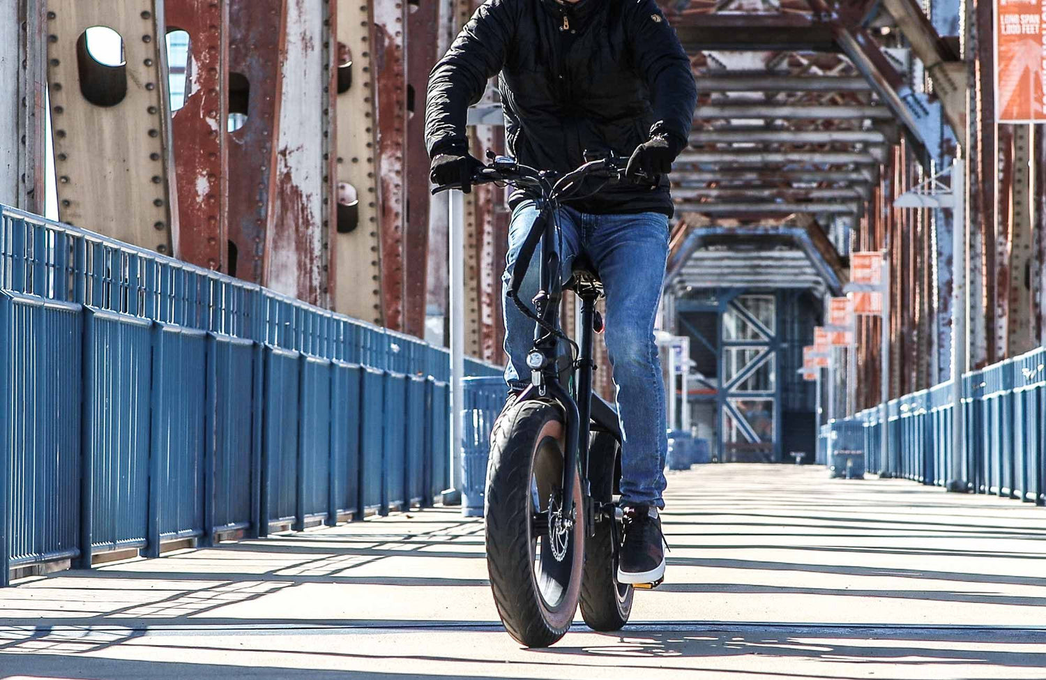 Emerald Fold Ebike on a bridge