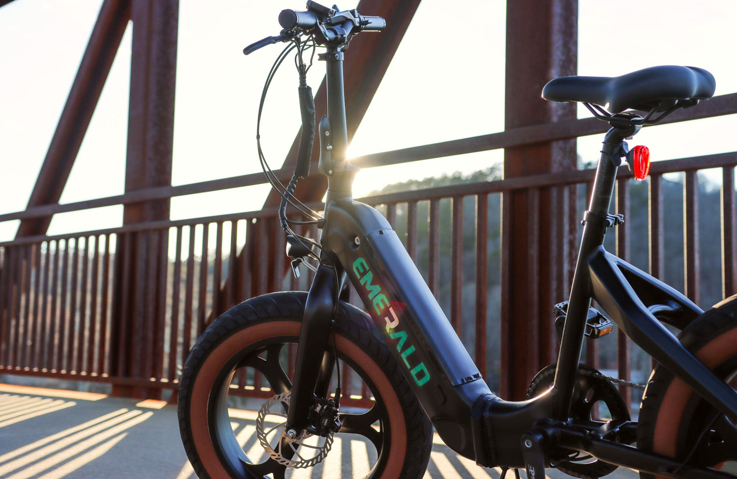 Emerald ebike ready for an outdoor ride by a river