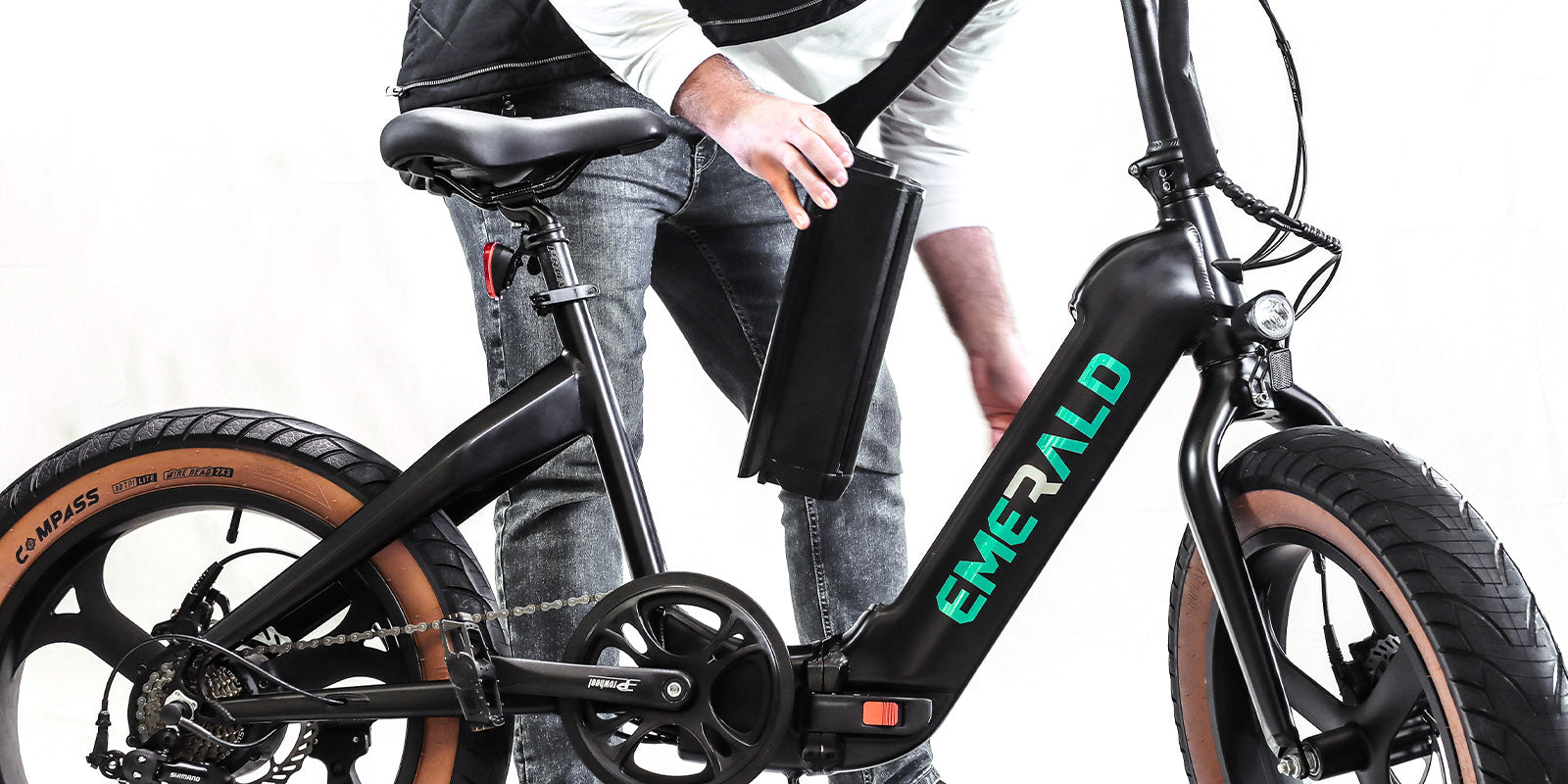 Showing off the Emerald ebike's removable battery