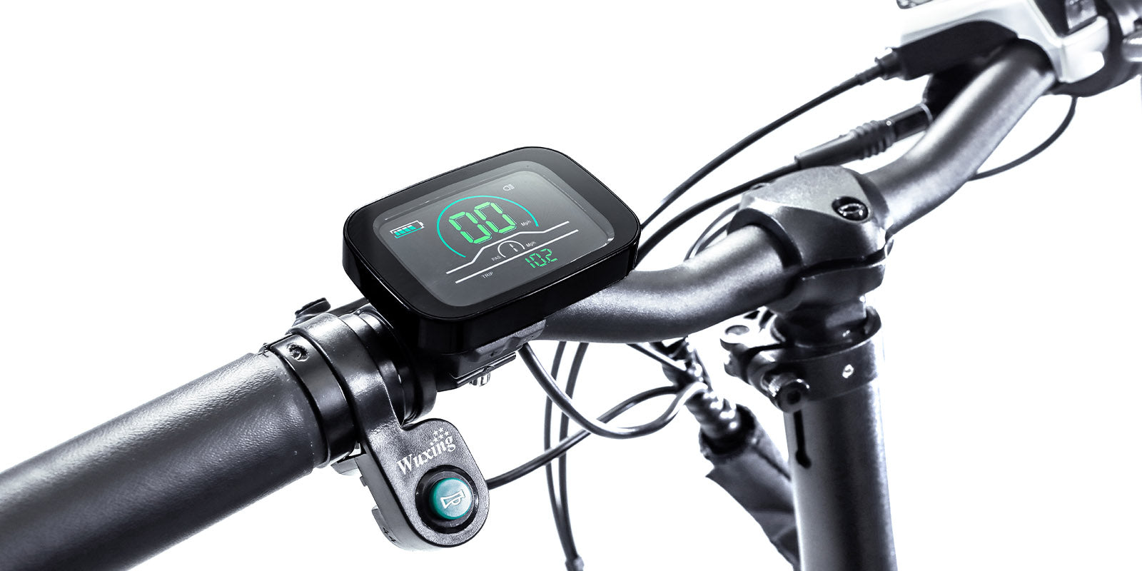 Showing off the Emerald ebike's horn, pedal assist, and lcd display.